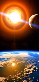 Mobile wallpaper of a vibrant space scene with planets and a glowing star.