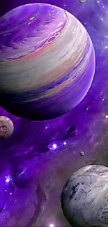 Vibrant planets in a purple galaxy wallpaper.