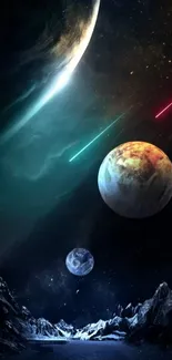 Mobile wallpaper showing planets and stars in deep space with colorful effects.