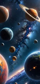 Colorful space wallpaper with planets and stars in a cosmic scene.