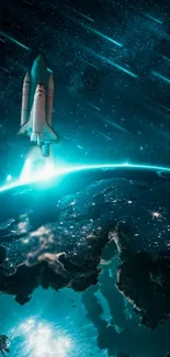 Space shuttle launching above Earth with glowing stars and teal cosmic hues.