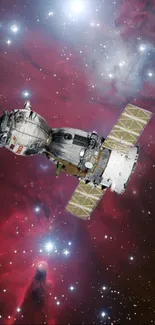 Spacecraft surfing through cosmic galaxy in red and purple hues.