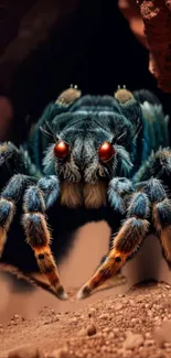 Artwork of a vibrant spider with red eyes and blue legs.