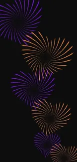 Abstract black wallpaper with orange and purple spiral patterns.