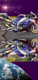 Sportbike with mirrored reflection against a purple cosmic backdrop.