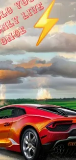 Red sports car on scenic road with dramatic clouds and lightning.