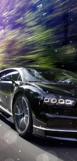 Sleek sports car racing down a forest road with blurred motion effects.