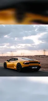 Yellow luxury car speeding on a deserted road at sunset.