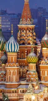 Colorful St. Basil's Cathedral at dusk.