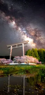 Japanese stargate under a stunning Milky Way at night with cherry blossoms.