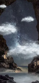 Starry night sky through a rocky cave with ocean view, perfect for nature lovers.