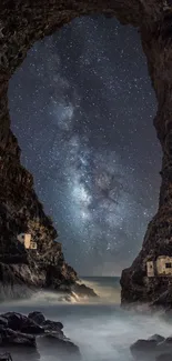 Starry sky framed by a cave entrance at night.