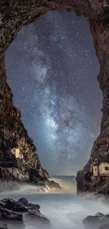 Starry sky seen through a picturesque cave opening.