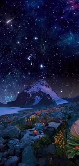 Starry night over a mountain with vibrant foreground flowers.