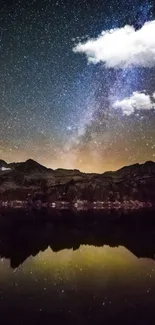 Starry night sky over silhouetted mountains with clear reflections.