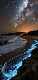 A stunning view of a starry night over a tranquil beach coastline.