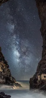 Starry night view from cave with ocean.