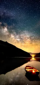 Starry night view over a lake with a glowing boat and Milky Way galaxy.