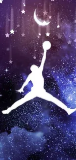 Silhouette basketball leap under a starry sky.