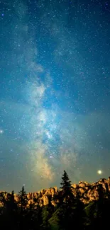 Majestic starry night sky over mountains with Milky Way visible.