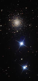 Starry night sky with bright stars and galaxy cluster.