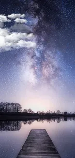 Milky Way over serene lake with starry sky.