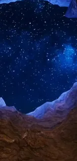 Starry night sky seen through rocky opening.