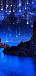 Starry night sky over rocky cliffs in vibrant blue tones.