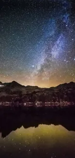 Starry night sky with mountains reflected in a serene lake.