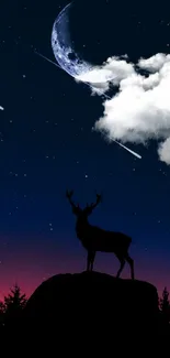 Silhouette of deer against starry night sky with moon and clouds.