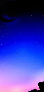 Vibrant starry night sky wallpaper with a blue gradient and horizon silhouette.