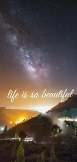 Starry night wallpaper with galaxy and quote: life is so beautiful.