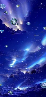 Starry sky with diamonds on deep blue background.