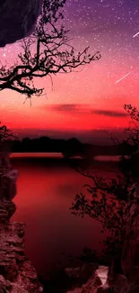 Starry sky sunset over calm waters between rocky cliffs.