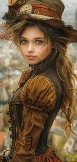 Steampunk fantasy art featuring a woman in Victorian attire with cityscape background.