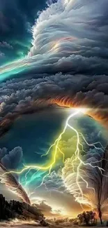 Dynamic storm with vibrant lightning in colorful clouds wallpaper.