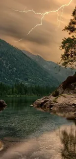 Stormy mountain landscape with lightning over a calm lake at dusk.