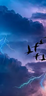 Flock flying across stormy lightning sky.