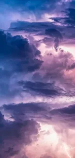 Moody storm clouds with vibrant lightning in purple and blue sky.