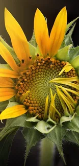 Close-up of a vibrant sunflower with yellow petals and green leaves on display.