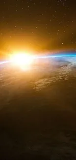 Sunrise over Earth from space, glowing horizon and stars