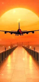 Airplane flying over pier with orange sunset