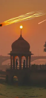 Sunset with meteor over riverside pavilion, creating a beautiful scene.