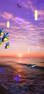 A picturesque sunset beach scene with butterflies, bird, and shark under a purple sky.