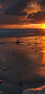 Beautiful sunset over a serene beach with vivid sky colors and reflections.