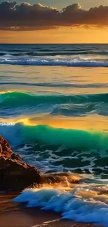 Breathtaking sunset beach with vibrant waves and golden sky.