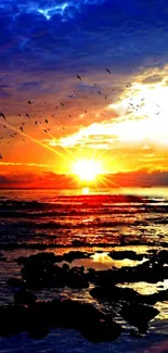 Vibrant sunset over ocean with flying birds, creating a serene mobile wallpaper.