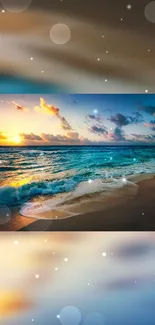 Vibrant beach sunset with blue ocean waves and a golden sky, perfect for mobile wallpaper.