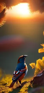 Colorful bird at sunset with glowing light.