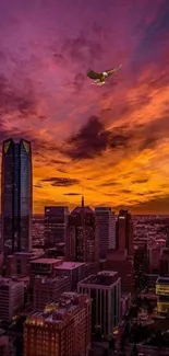 A majestic eagle soars over a vibrant city at sunset, with purple and orange clouds.